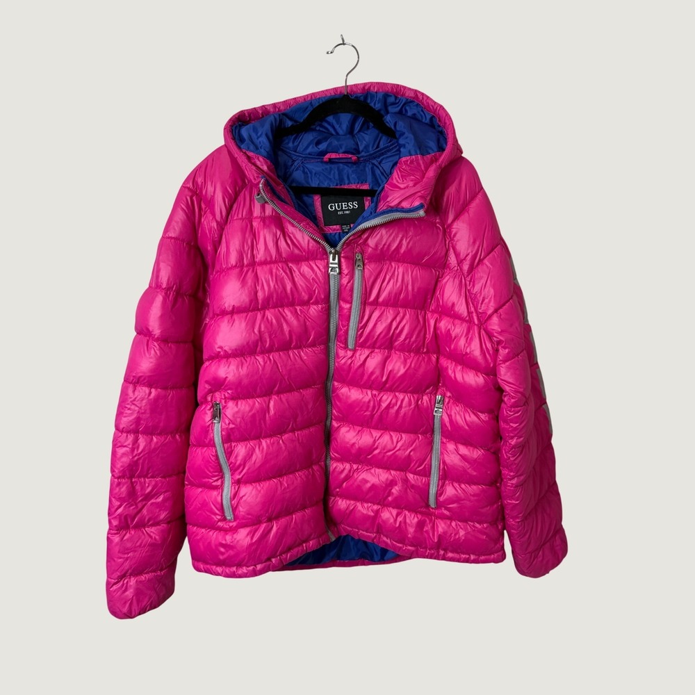 Guess Puffer Jacket Hot Pink Blue XXL Streetwear Y2K Logo Hooded Quilted Coat